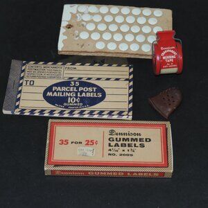 Vintage Desk Items Denison Mailing Labels & Mending Tape Thumbtacks Date Stamp